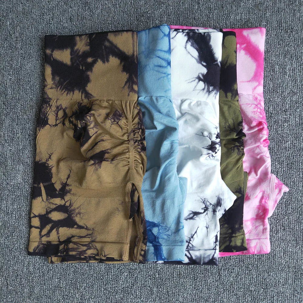 Seamless Tie Dye Sport Shorts for Women Summer Elastic Scrunch High Waist Push up Tummy Control Gym Fitness Workout Yoga Shorts